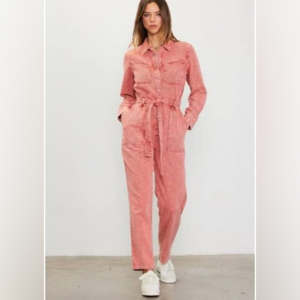 Skies Are Blue Cotton Twill Long Sleeve Belted Utility Jumpsuit Rust